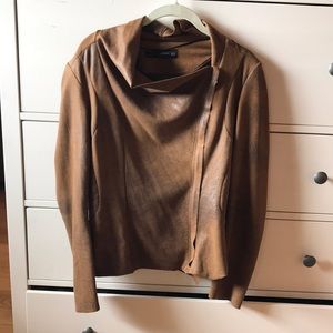 Tan Zara leather-like front zip jacket.